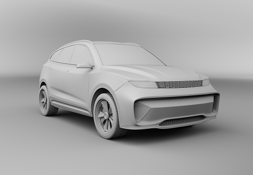 Clay rendering of electric SUV on simple background. 3D rendering image.