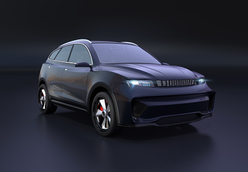 Studio rendering of electric SUV and charging station on simple background. 3D rendering image.