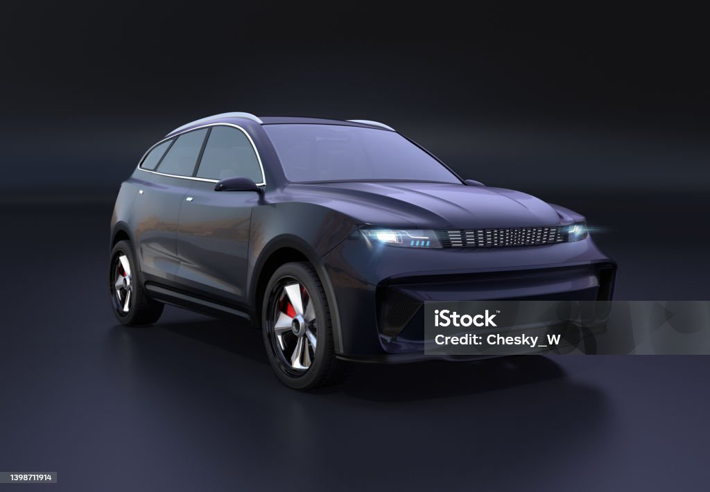 Studio rendering of electric SUV on simple background Studio rendering of electric SUV and charging station on simple background. 3D rendering image. Car Stock Photo