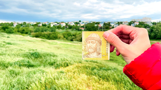Ukraine.  1 Hryvnia - Vladymr the Great, Grand Prince pictured on bank note.  Green field in background.