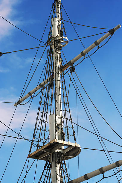Jury-masts and rope of sailing ship stock photo