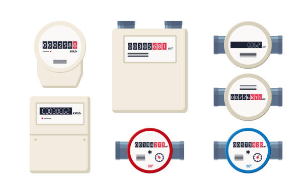 illustrazioni stock, clip art, cartoni animati e icone di tendenza di contatori di gas, acqua ed elettricità. set di contatori industriali e domestici. controllo dei consumi di carburante, acqua ed elettricità. contatore di gas. raccolta di illustrazioni vettoriali piatte isolate su sfondo bianco - economize