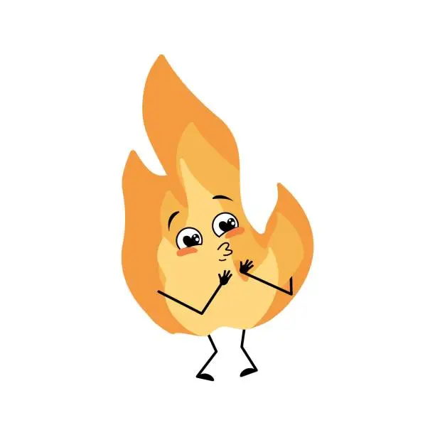 Vector illustration of Cute flame character with love emotions, smile face, arms and legs. Fire man with funny expression, hot orange person. Vector flat illustration