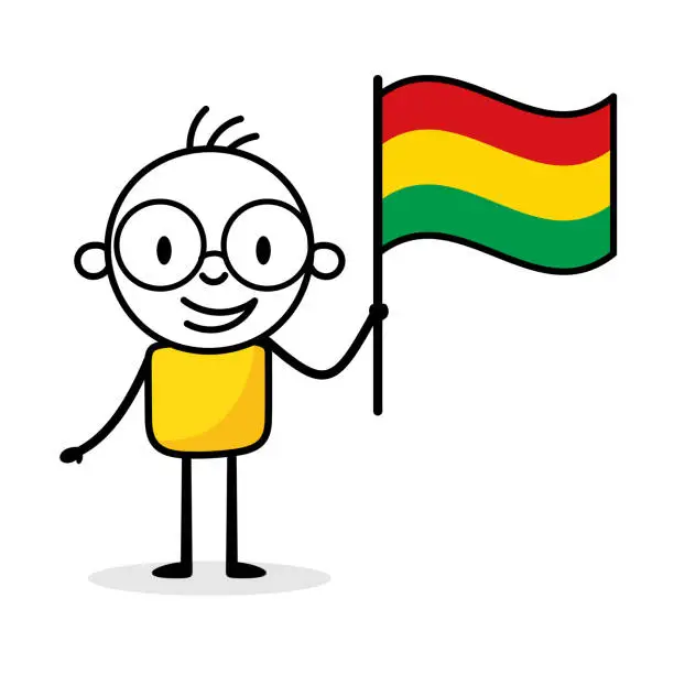 Vector illustration of Man holding flag of Bolivia isolated on white background. Hand drawn doodle line art man. Concept of country. Vector stock illustration