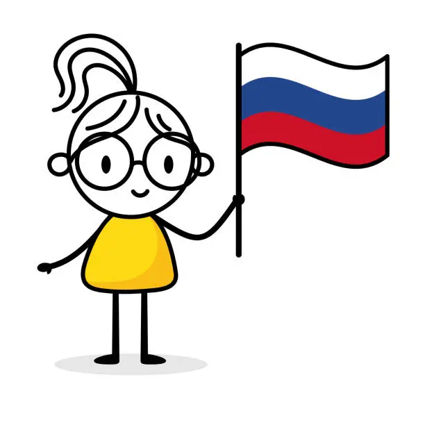 Vector illustration of Woman holding flag of Russia isolated on white background. Hand drawn doodle line art man. Concept of country. Vector stock illustration