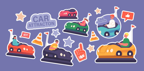 illustrations, cliparts, dessins animés et icônes de ensemble d’autocollants bumper car attraction dans le parc d’attractions. enfants à fun fair entertainment riding colorful dodgem carts - bumper stickers