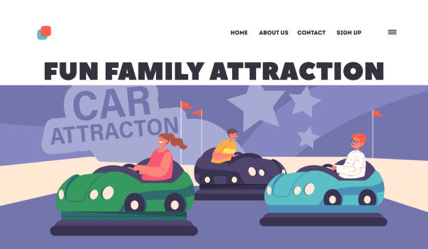 Fun Family Attraction Attraction Landing Page Template. Boys and Girls Characters Riding r Bumper Car in Amusement Park Fun Family Attraction Attraction Landing Page Template. Boys and Girls Characters Riding r Bumper Car in Amusement Park. Children Funfair Entertainment Ride Dodgem. Cartoon People Vector Illustration political joke stock illustrations