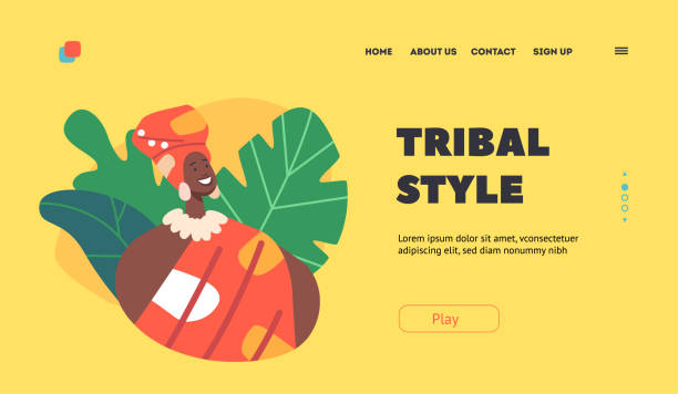tribal style landing page vorlage. afrikanischer weiblicher charakter trägt turban und buntes kleid, schwarz lächelnde frau - turmi stock-grafiken, -clipart, -cartoons und -symbole