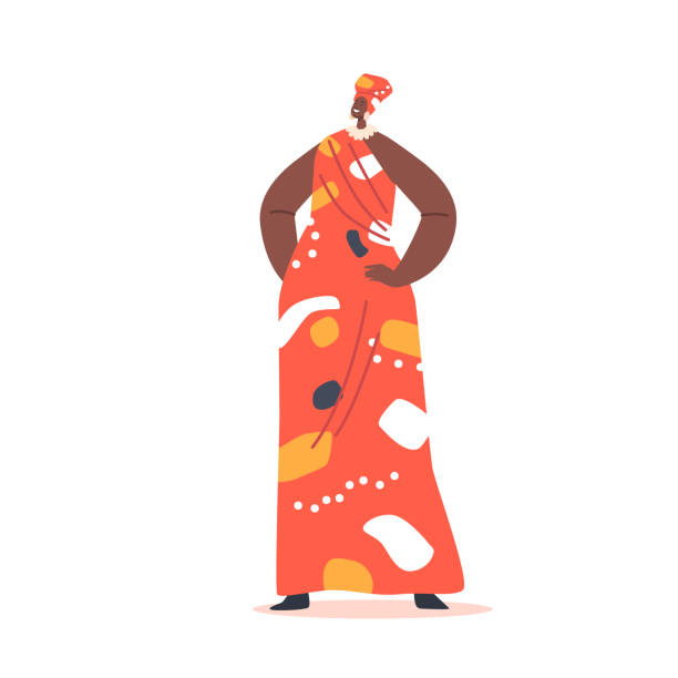 afrykańska plemienna postać kobieca nosi turban i kolorową sukienkę, czarna kobieta nosi tradycyjne ubrania odizolowane od bieli - smiling human settlement traditional culture man made object stock illustrations