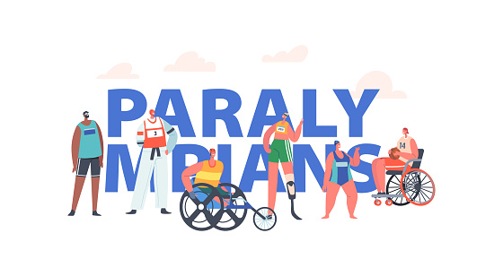 Paralympians Concept. Paralympic Sportsmen Characters in Uniform, Men Basketball Player, Disabled Sambist and Racer