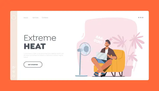 Vector illustration of Extreme Heat Landing Page Template. Sweltering in Heat Male Character Sitting on Sofa Trying to Work under Fan