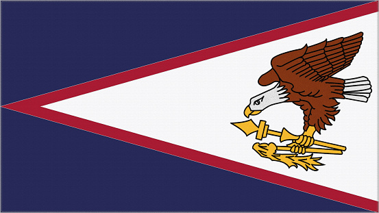 American Samoa embroidery flag. American Samoa emblem stitched fabric. Embroidered coat of arms. Country symbol textile background.