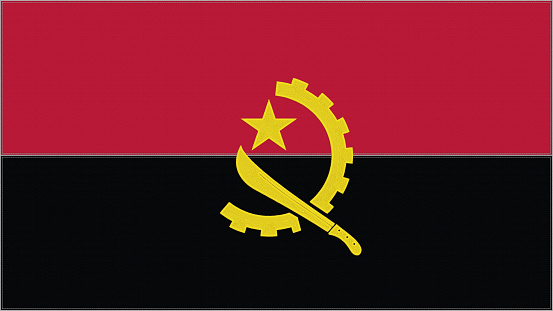 Angola embroidery flag. Angolan emblem stitched fabric. Embroidered coat of arms. Country symbol textile background.