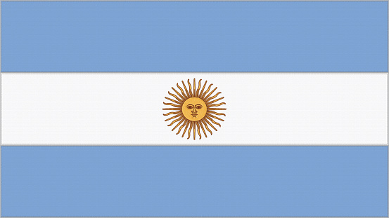 Argentina embroidery flag. Argentinean emblem stitched fabric. Embroidered coat of arms. Country symbol textile background.