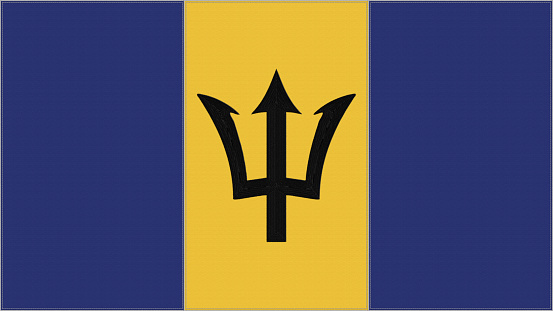 Barbados embroidery flag. Barbados emblem stitched fabric. Embroidered coat of arms. Country symbol textile background.