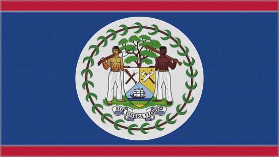 Belize embroidery flag. Belizean emblem stitched fabric. Embroidered coat of arms. Country symbol textile background.
