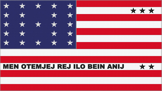 Bikini Atol embroidery flag. Bikini Atol emblem stitched fabric. Embroidered coat of arms. Country symbol textile background.