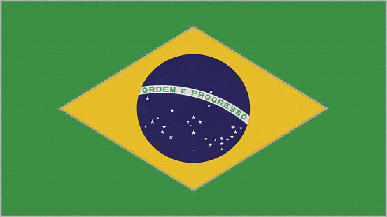 Brazil embroidery flag. Brazilian emblem stitched fabric. Embroidered coat of arms. Country symbol textile background.