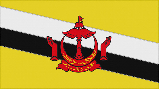 Brunei embroidery flag. Emblem stitched fabric. Embroidered coat of arms. Country symbol textile background.
