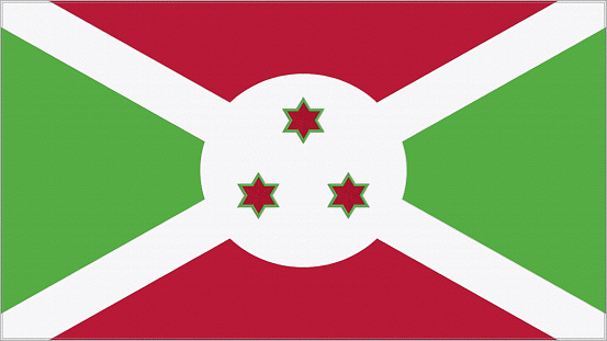 Burundi embroidery flag. Burundian emblem stitched fabric. Embroidered coat of arms. Country symbol textile background.