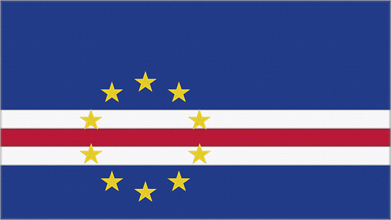 Cape Verde embroidery flag. Emblem stitched fabric. Embroidered coat of arms. Country symbol textile background.