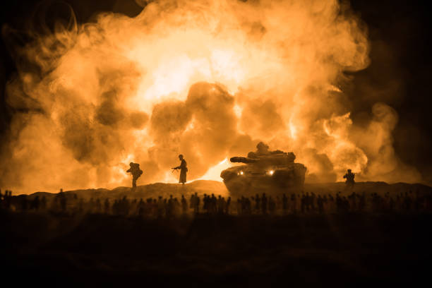 istock Creative artwork decoration war on Ukraine. Crowd looking on giant explosion and attacking soldiers. 1398726631
