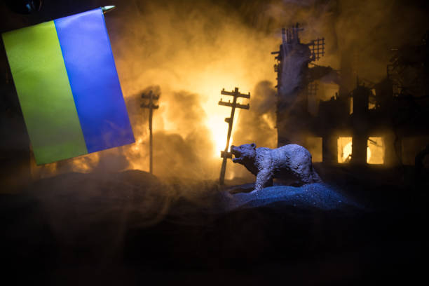 istock Creative artwork decoration war on Ukraine. Crowd looking on giant explosion and attacking soldiers. 1398726635