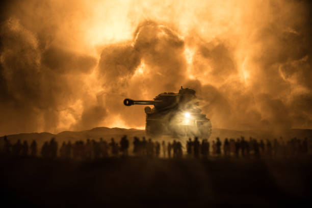 istock Creative artwork decoration war on Ukraine. Crowd looking on giant explosion and attacking soldiers. 1398726641