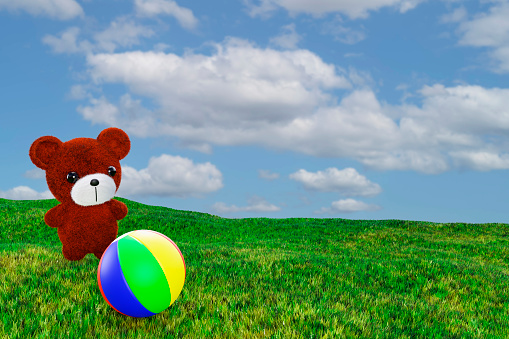 3d render illustration of cute toy bear playing ball on a field.