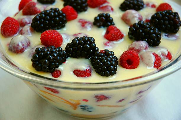 Blueberry and raspberry trifle stock photo