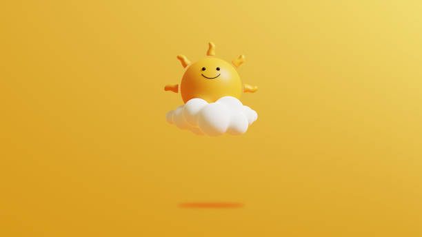 黄色の背景に太陽。コピースペース付きのカラフルな夏の最小限の背景.3Dイラストレーションのレンダリング。