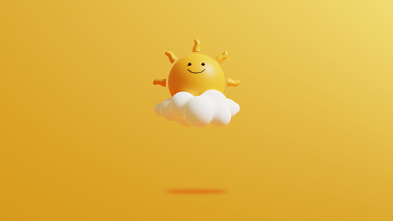 Sun on yellow background.Colorful summer minimal background with copy space.3D Rendering Illustration.