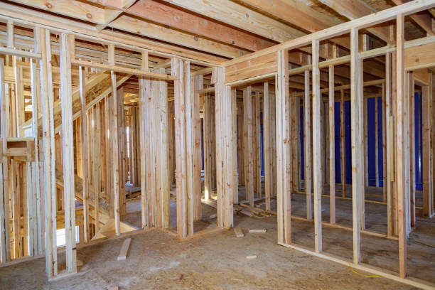 istock Panorama top view of stick built home under construction with timber frame wooden truss, post 1398731102