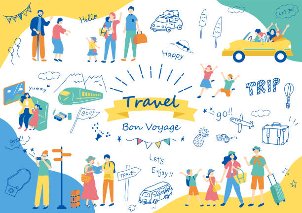 ilustrações de stock, clip art, desenhos animados e ícones de set illustration of traveling icons and people - travel destinations illustrations