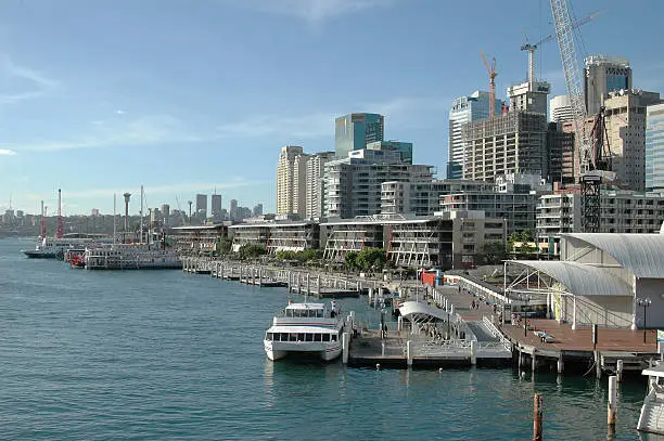 Sydney skyline at south shore of Darling Harbour,with ferry moored at jetty.