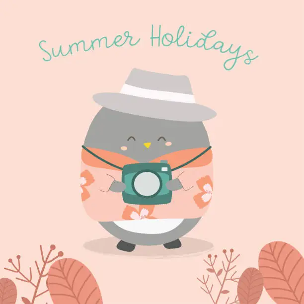 Vector illustration of Cute Penguin traveler use camera in summer holidays