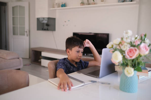 istock cute boy is learning from computer. Homeschooling concept. stock photography 1398736316