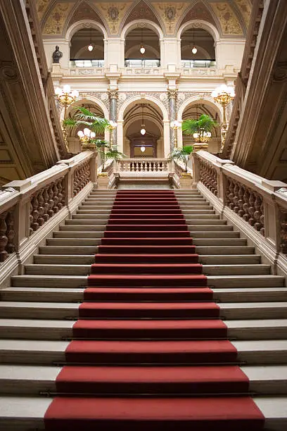 Red carpet on a marble stairway.