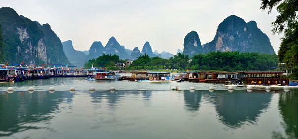 A beautiful shot of the Li River and karst mountains in Yangshuo, China