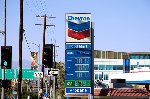 Los Angeles, California, USA - May 22, 2021: The most expensive Chevron Gas Station at Los Angeles Downtown, $7.83/Gal.