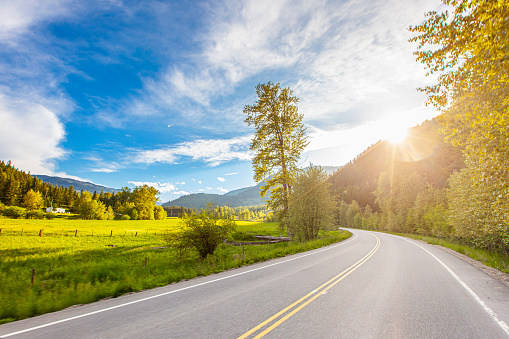 Joyful bright road trip scene with sunlight and open road with blue sky and green pasture