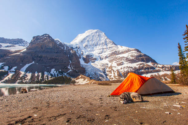 istock Camping beneath snow capped rocky mountain terrain with blue sky and clouds 1398741086