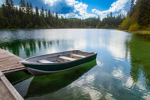 Unoccupied boat docked at a wharf in clear green reflective alpine lake with pine trees