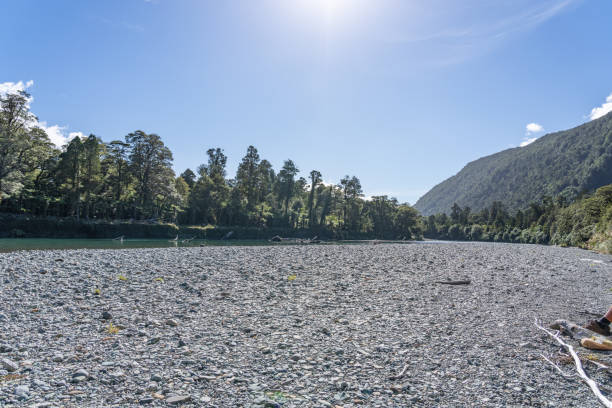 rio hollyford fluindo entre montanhas sobre o leito de rio pedregoso e largo, - hollyford river valley - fotografias e filmes do acervo