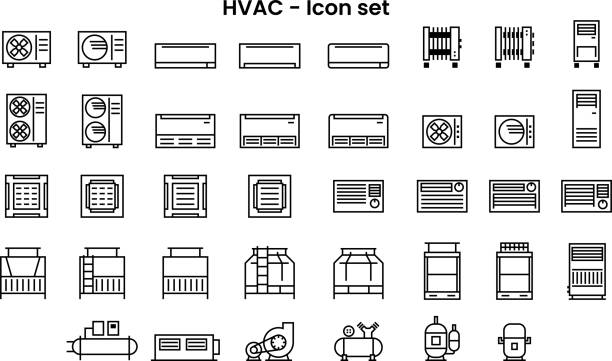 illustrations, cliparts, dessins animés et icônes de ensemble d’icônes hvac climatiseur - compresseur de gaz