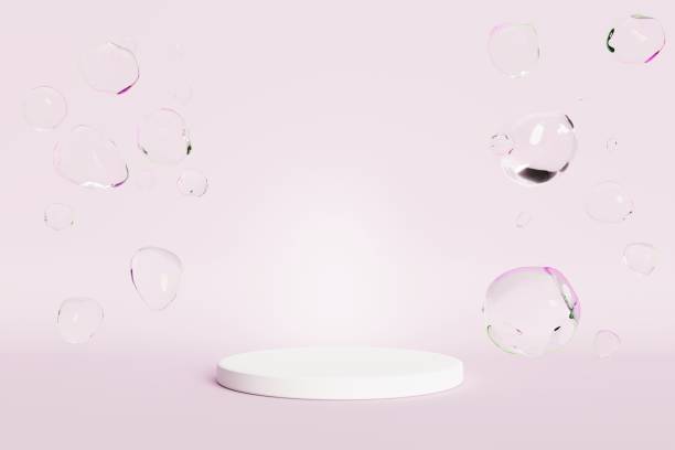istock Bubble Liquid floating on Pink with white stage podium color background white  for copy space. 3D Render minimal idea concept. 1398745683