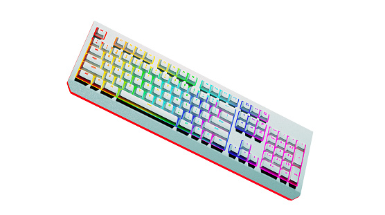 White gaming keyboard with RGB light, isolated on a white background. Rainbow keyboard in the air, 3d render. Equipment for gamers, an advertising banner