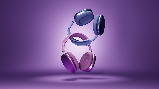 Fashionable headphones, 3d rendering. Pink headphones, on a purple background. Concept of smartphone devices, minimalistic 3D illustration.