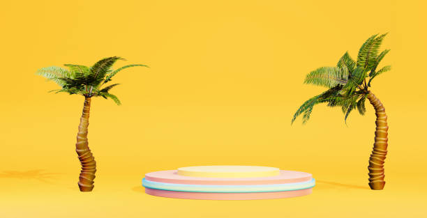 istock Product display podium with palm tree, 3d render. Tropical background with a podium for product presentation. 1398747626