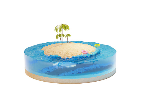 Section of water and an island with palm trees, isolated on a white background. Piece of a round island in the ocean, 3d render.